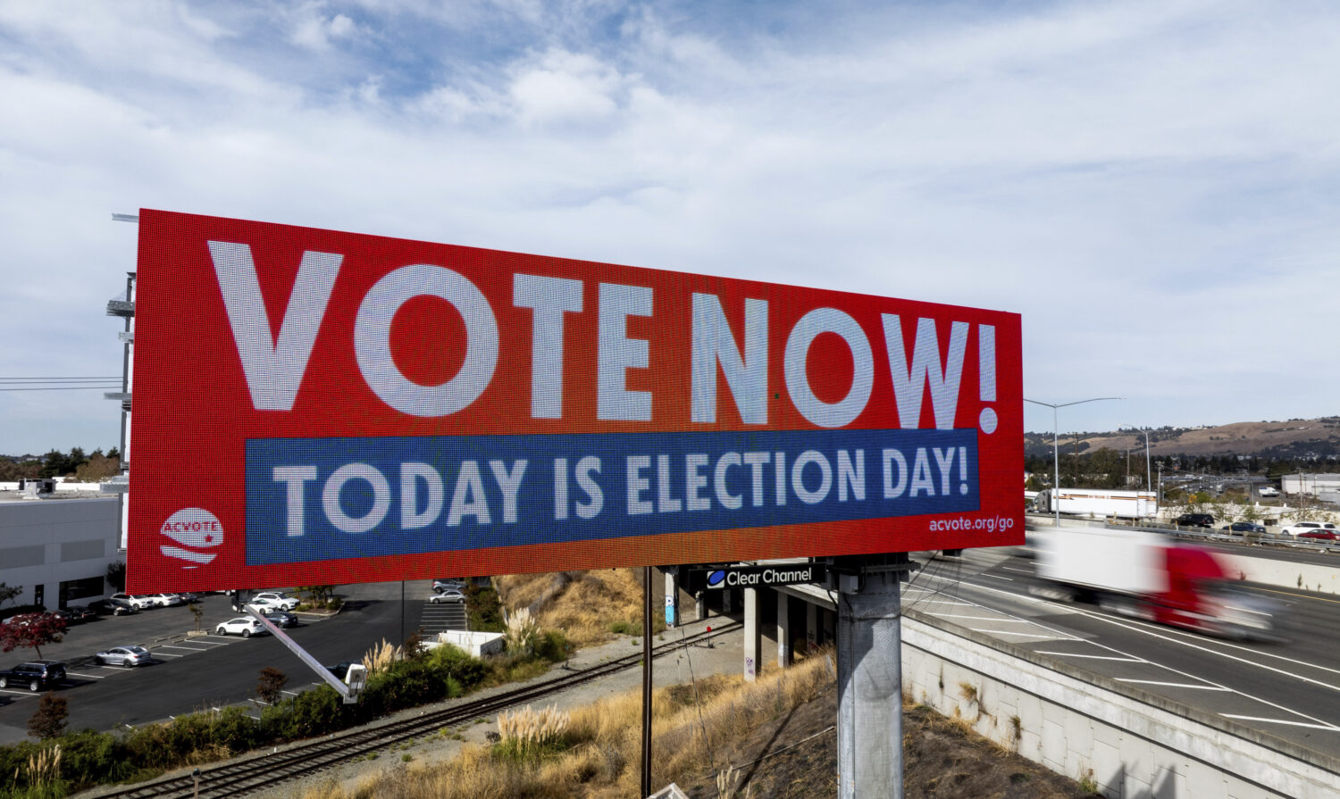 FILE - A billboard urges drivers to vote on Election Day in Union City, Calif., Nov. 5, 2024. (AP P...