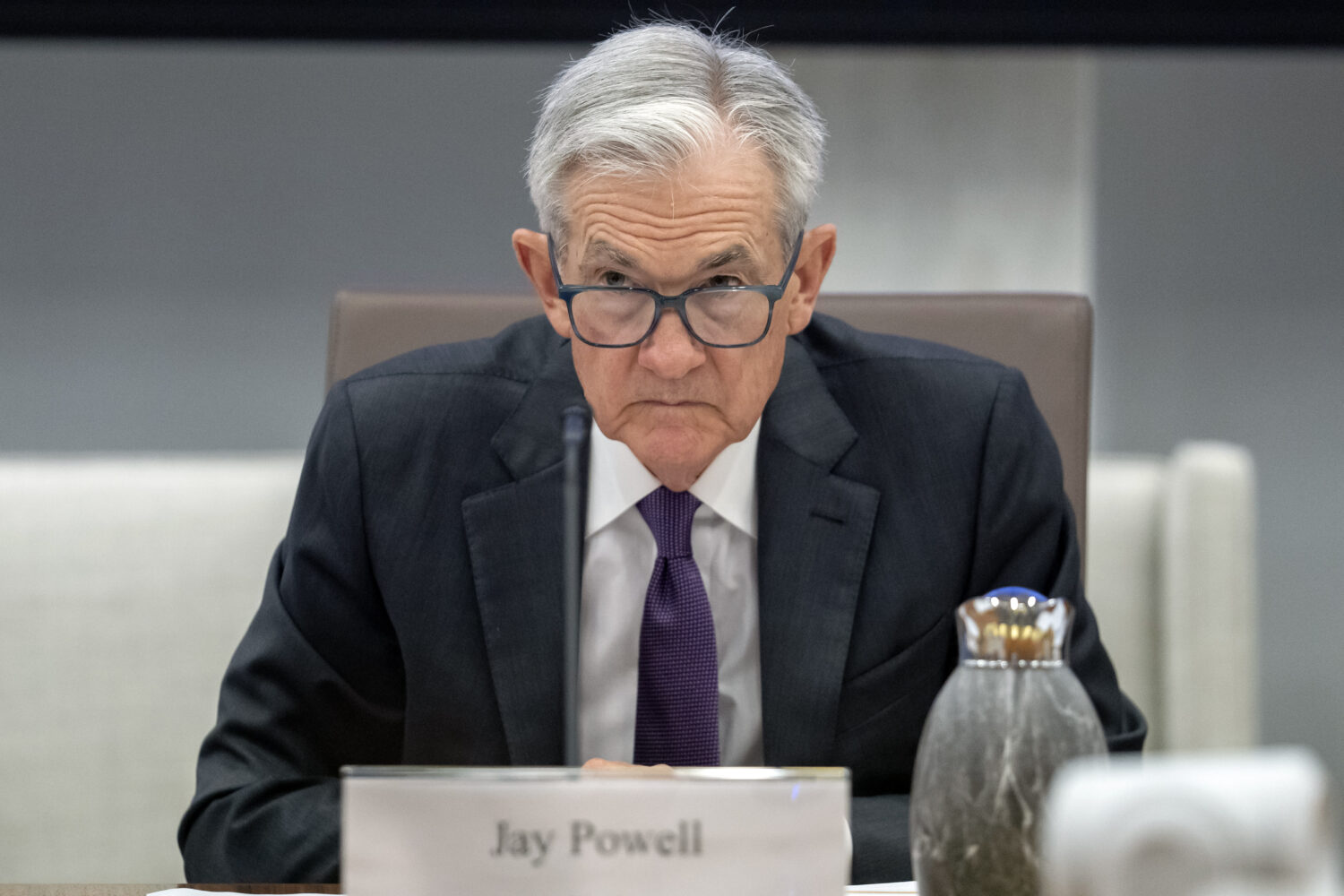 Federal Reserve Chairman Jerome Powell listens during an open meeting of the Board of Governors at ...