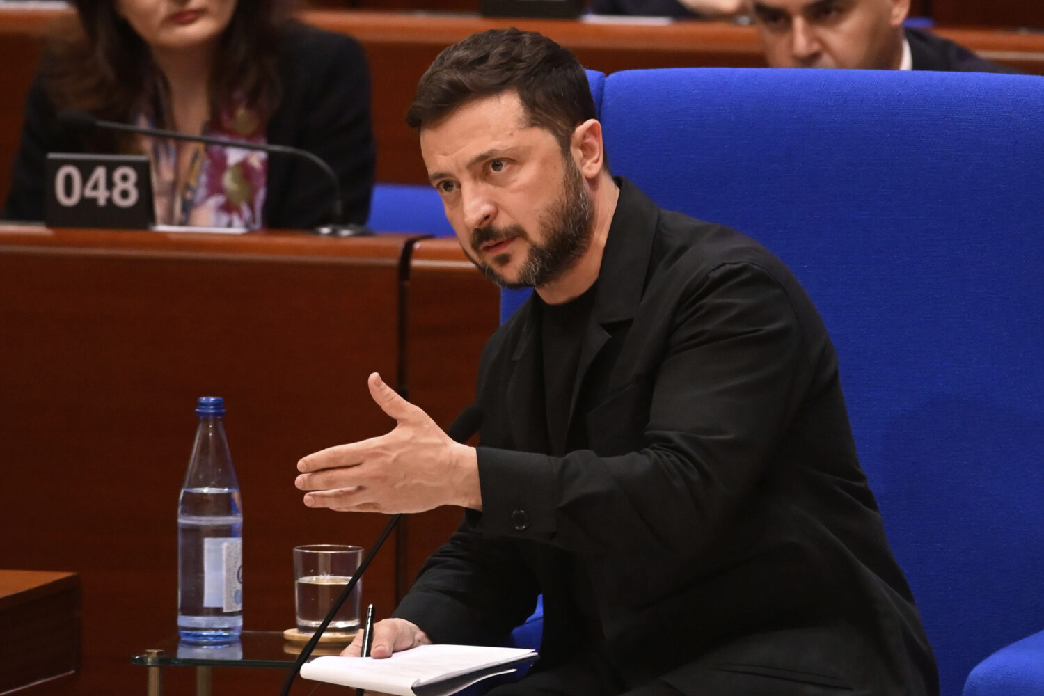 Ukraine's President Volodymyr Zelenskyy delivers a speech at the Council of Europe after signing th...