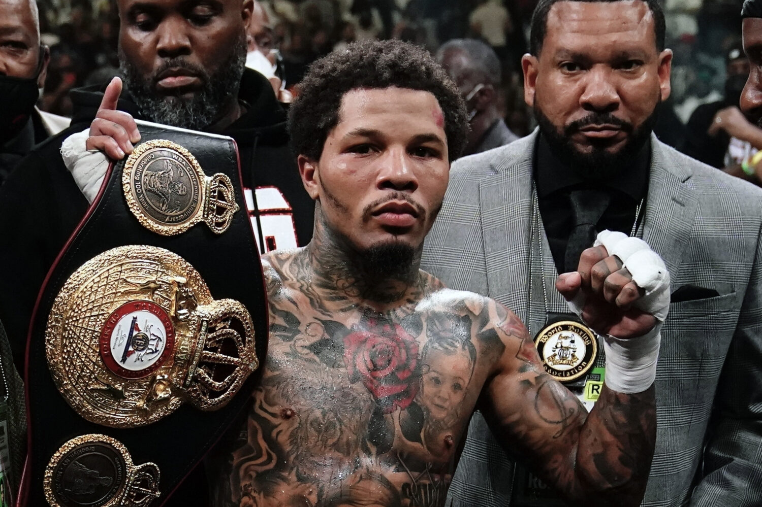 FILE - Gervonta Davis poses after a WBA lightweight championship boxing bout against Rolando Romero...