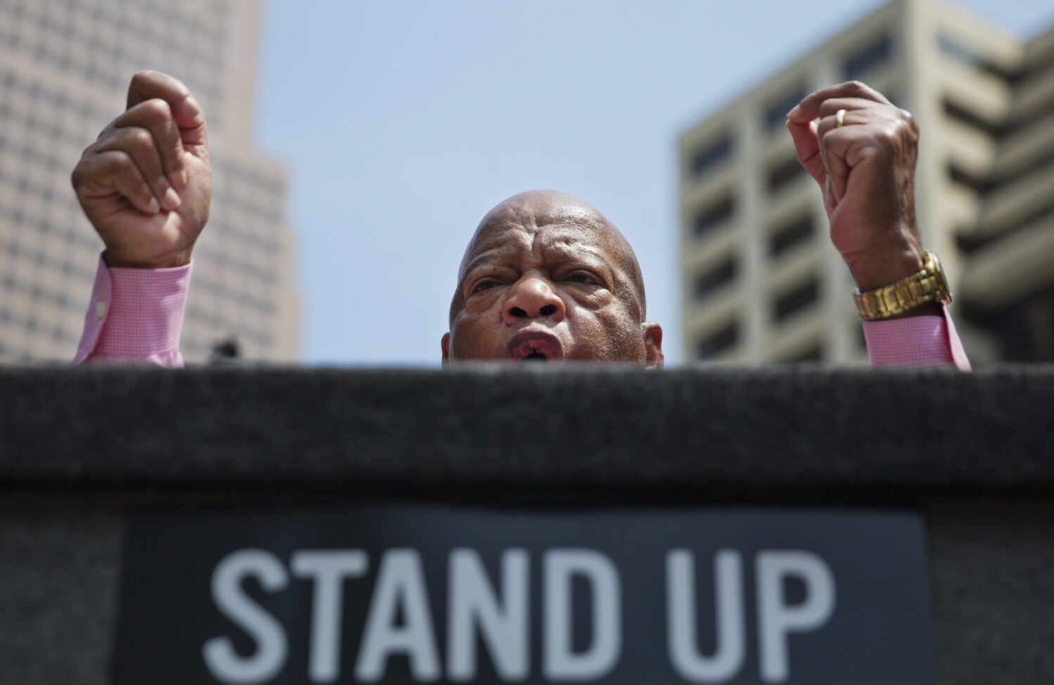 FILE - Rep. John Lewis, D-Ga., addresses a crowd at a rally protesting the National Rifle Associati...