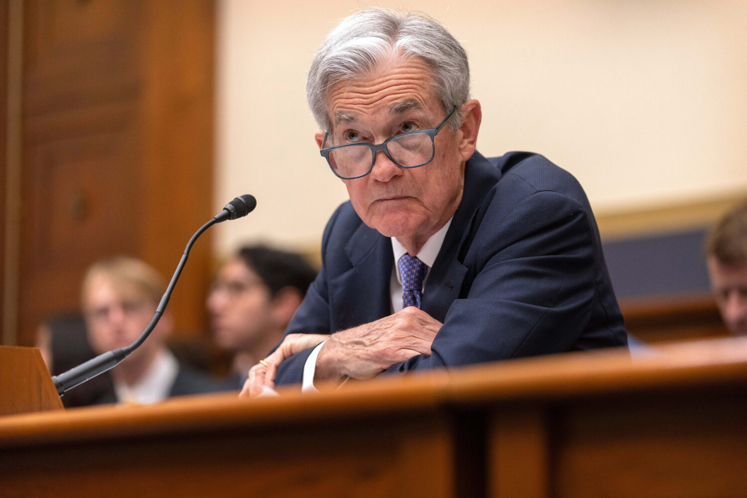 Federal Reserve Board Chairman Jerome Powell listens during a hearing of the House Committee on Fin...
