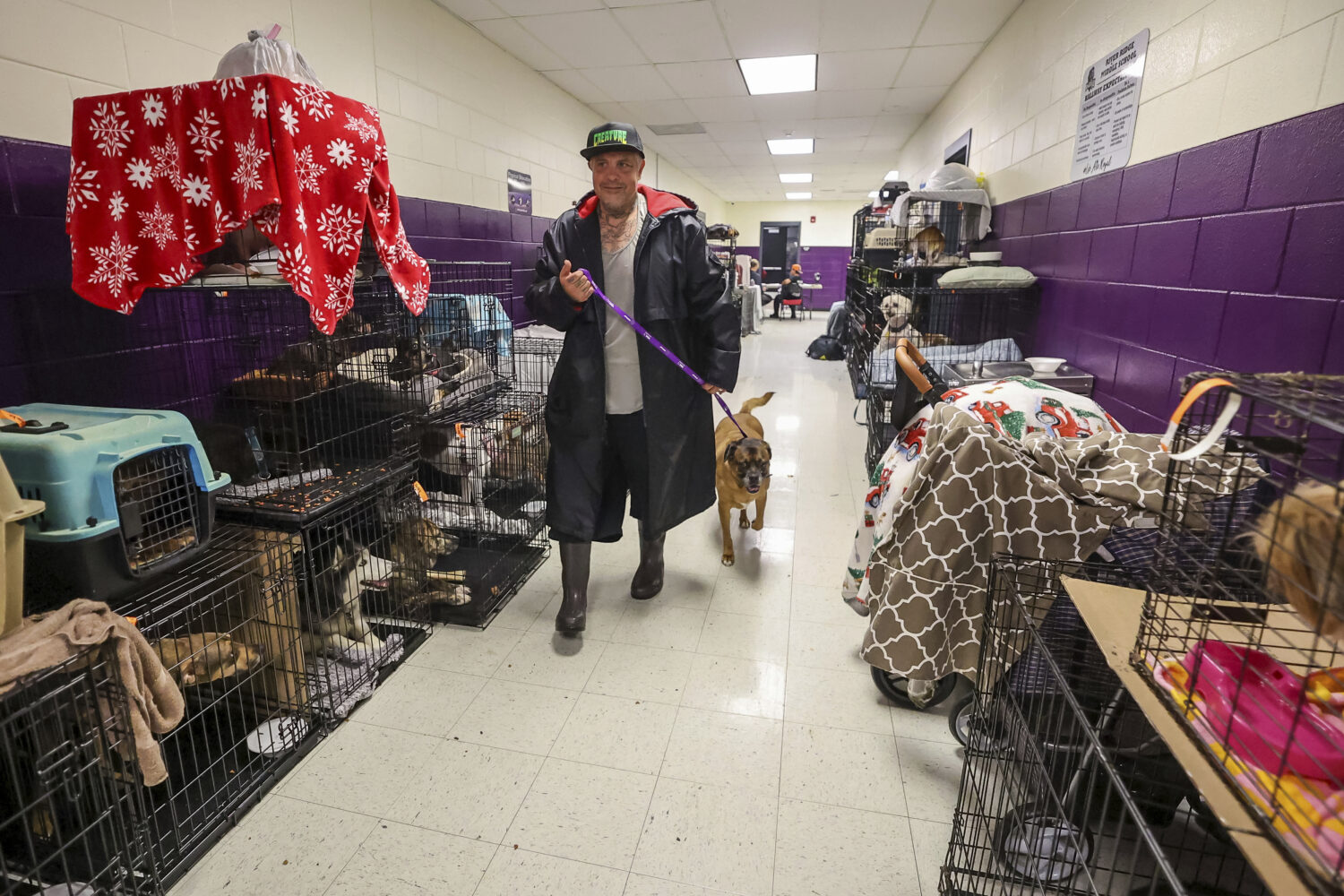 FILE - Logan Smith walks his dog, Zak, past some of the 283 registered pets in the evacuation shelt...