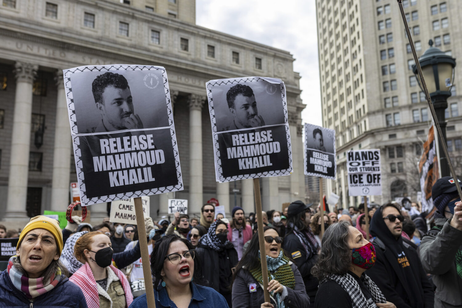 FILE - A crowd gathers in Foley Square, outside the Manhattan federal court, in support of Mahmoud ...