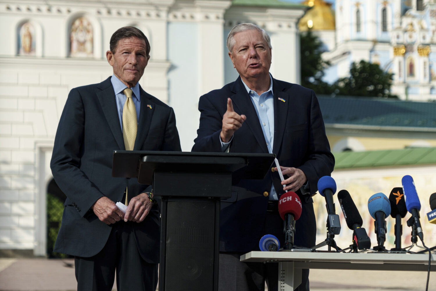 FILE - Sen. Richard Blumenthal, D-Conn., left, and Sen. Lindsey Graham, R-S.C., right, speak during...