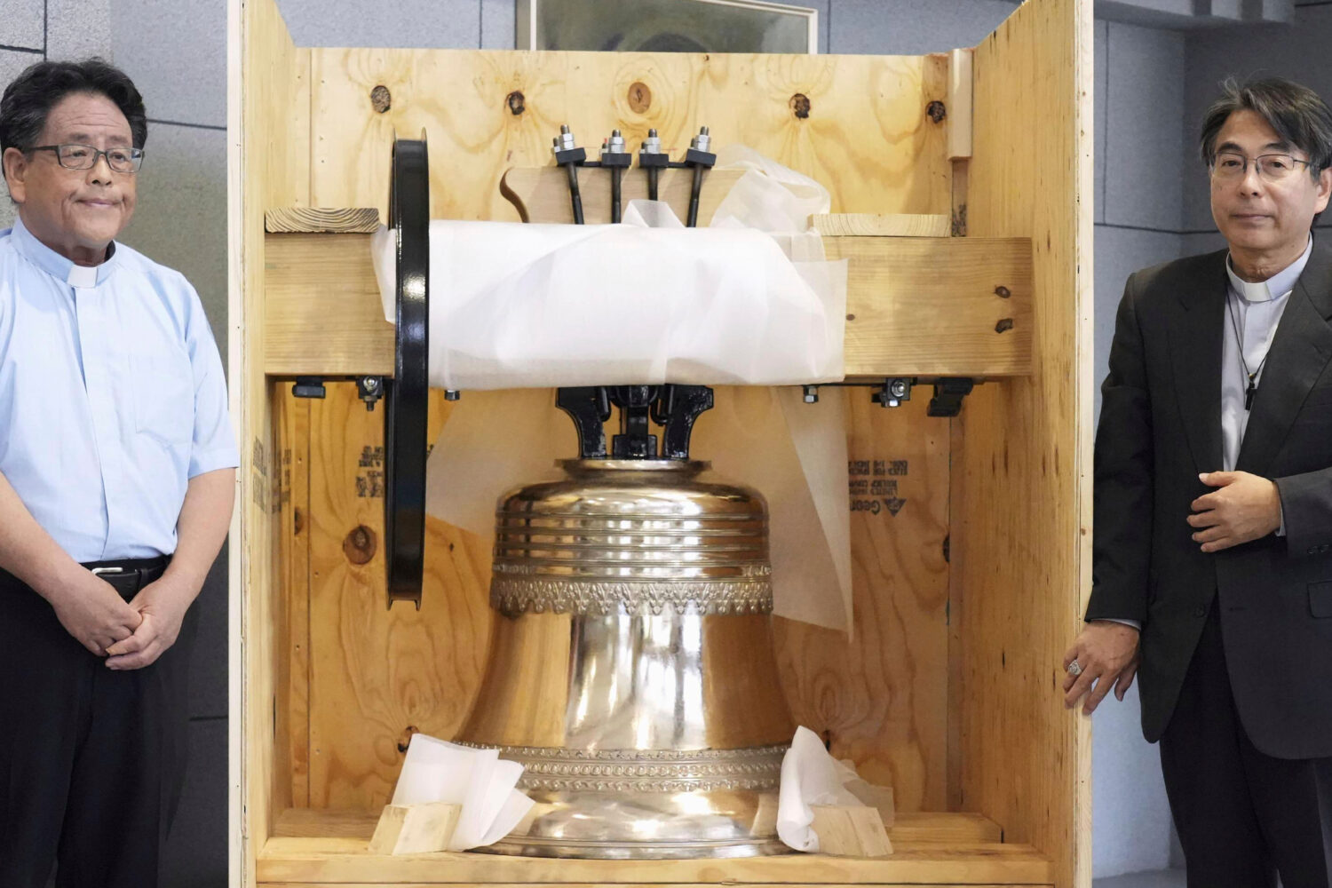 The bell, which was reproduced and returned by a group of Americans, is shown to the media at the U...
