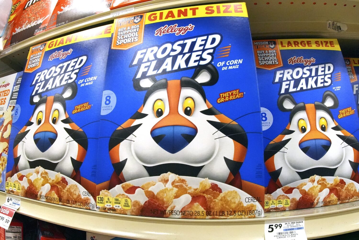 FILE - This is a shelf of Kellogg's Frosted Flakes cereal at a market in Homestead, Pa., on Monday,...