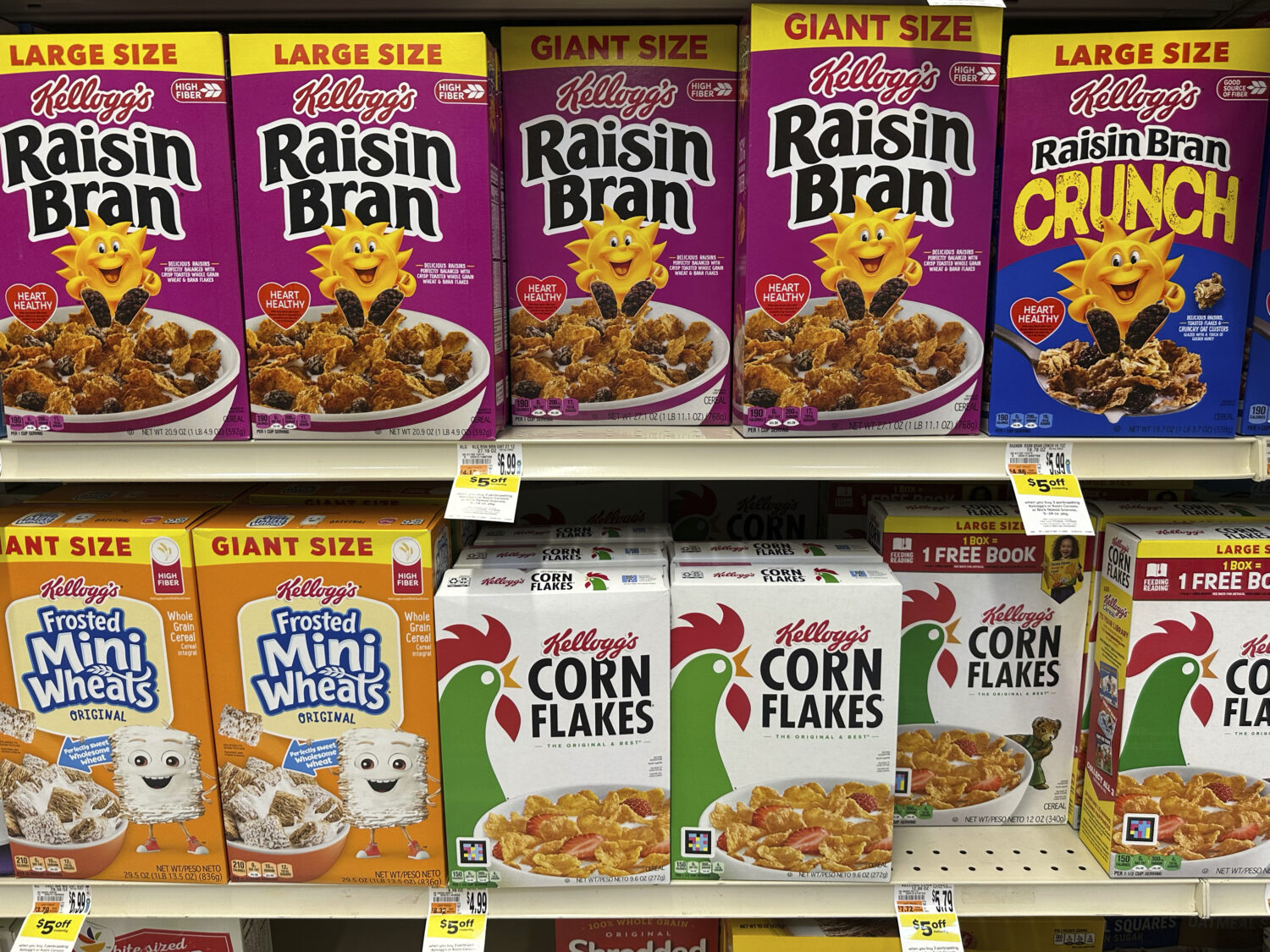 Boxes of Kellogg's breakfast cereal are seen at a super market, Friday, July 11, 2025, in Springfie...