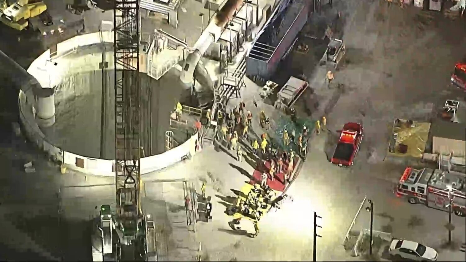 This image taken from footage provided by KABC/ABC7 Los Angeles shows first responders working the ...