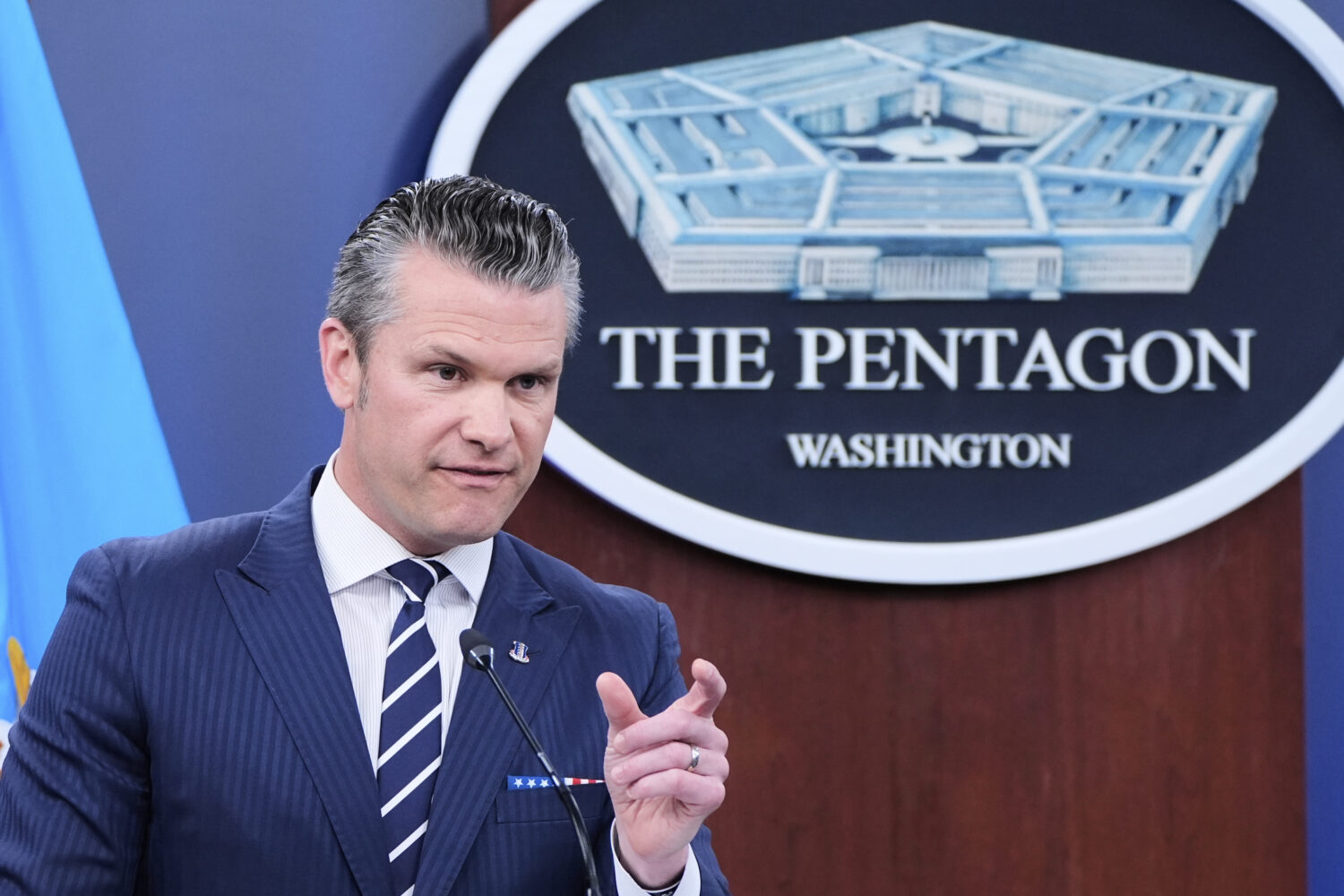 Defense Secretary Pete Hegseth speaks during a news conference at the Pentagon in Washington, Sunda...