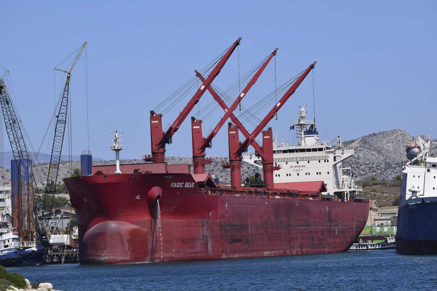 The Liberian-flagged bulk carrier Magic Seas is seen in Ambelakia Bay, Salamis Island, Greece, Aug....