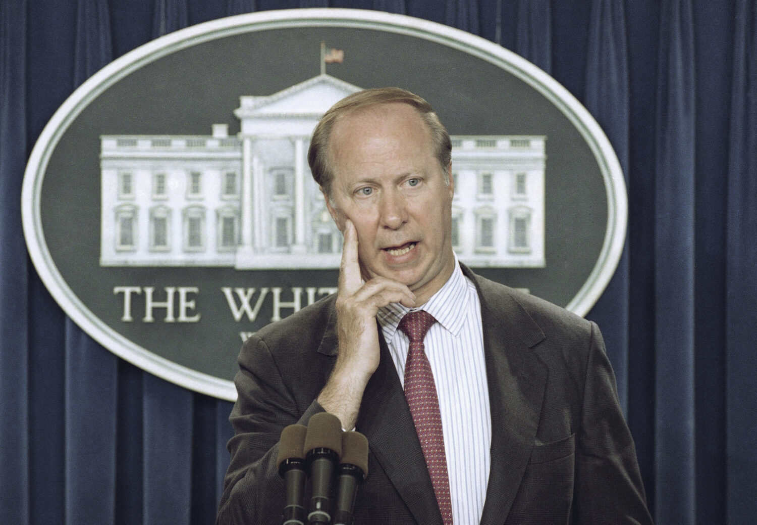 FILE - David Gergen answers a reporter's question in the briefing room of the White House in Washin...