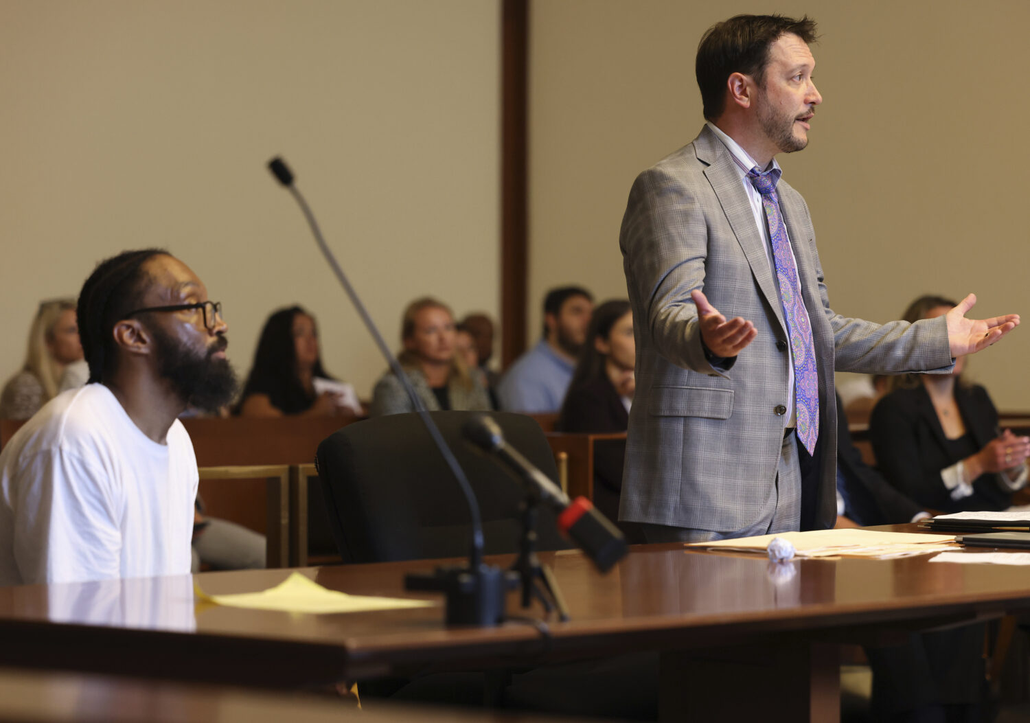 BOSTON, MA — JULY 07 - Peter O'Karma speaks to the judge as he explains he can't take on DaiShaun...