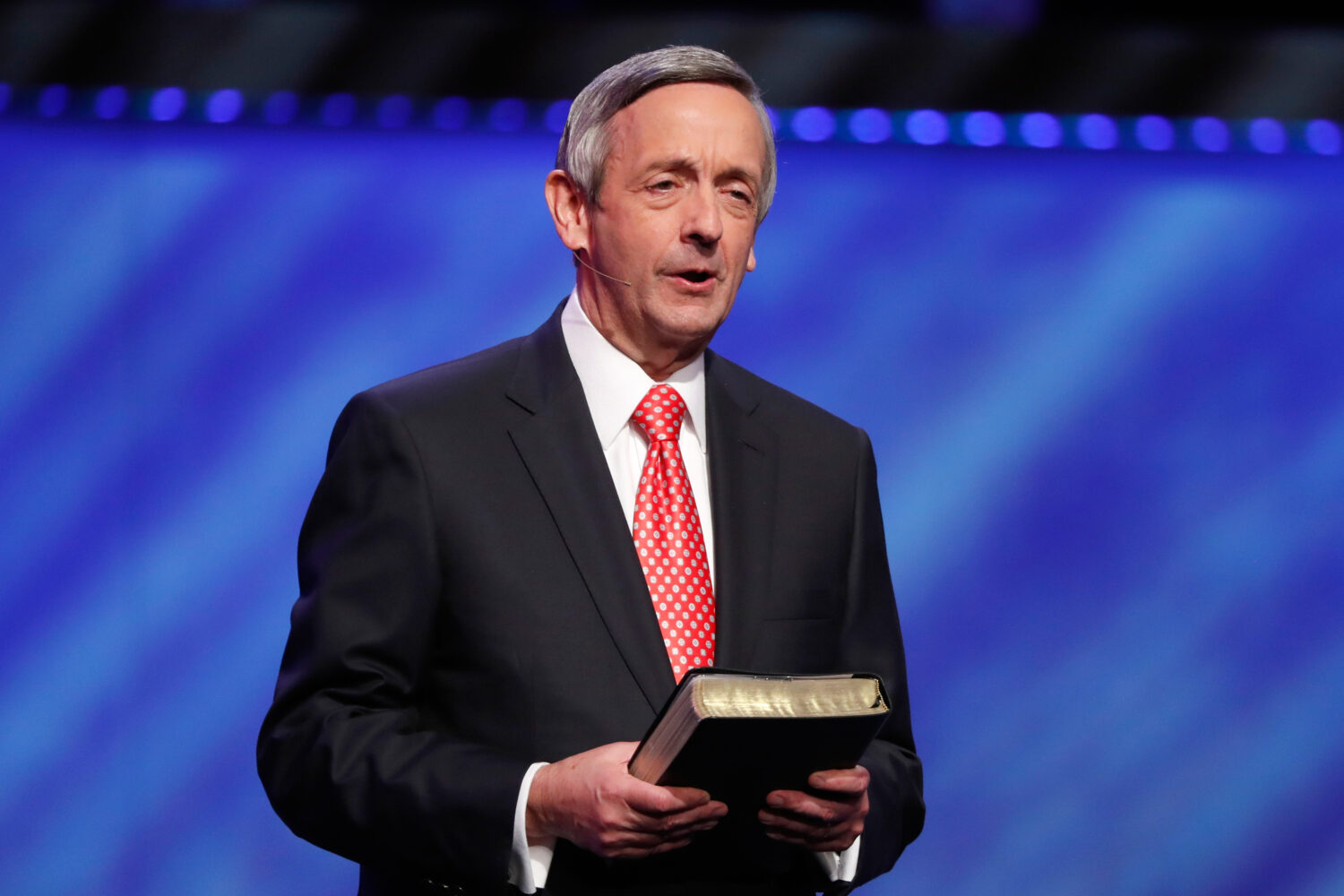FILE - Senior Pastor Dr. Robert Jeffress addresses attendees at First Baptist Church Dallas during ...
