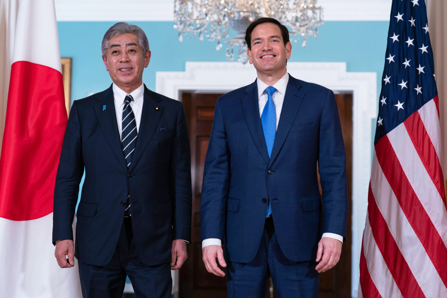 FILE - Secretary of State Marco Rubio, right, and Japanese Foreign Minister Iwaya Takeshi posses fo...