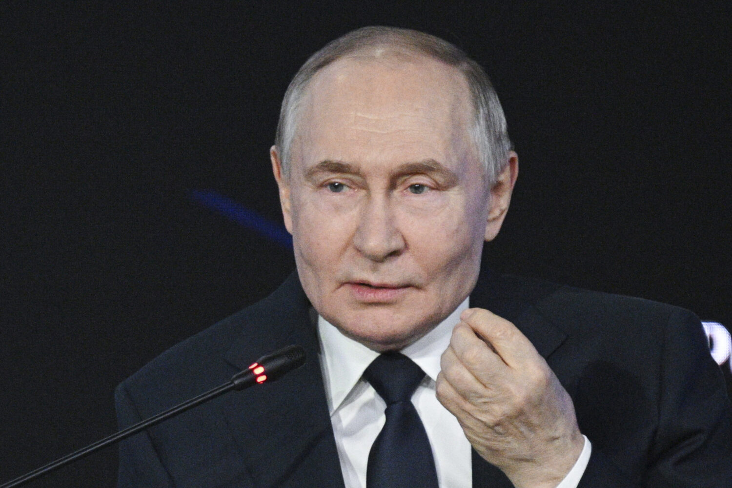 Russian President Vladimir Putin speaks during a plenary session of the 5th annual forum Strong Ide...