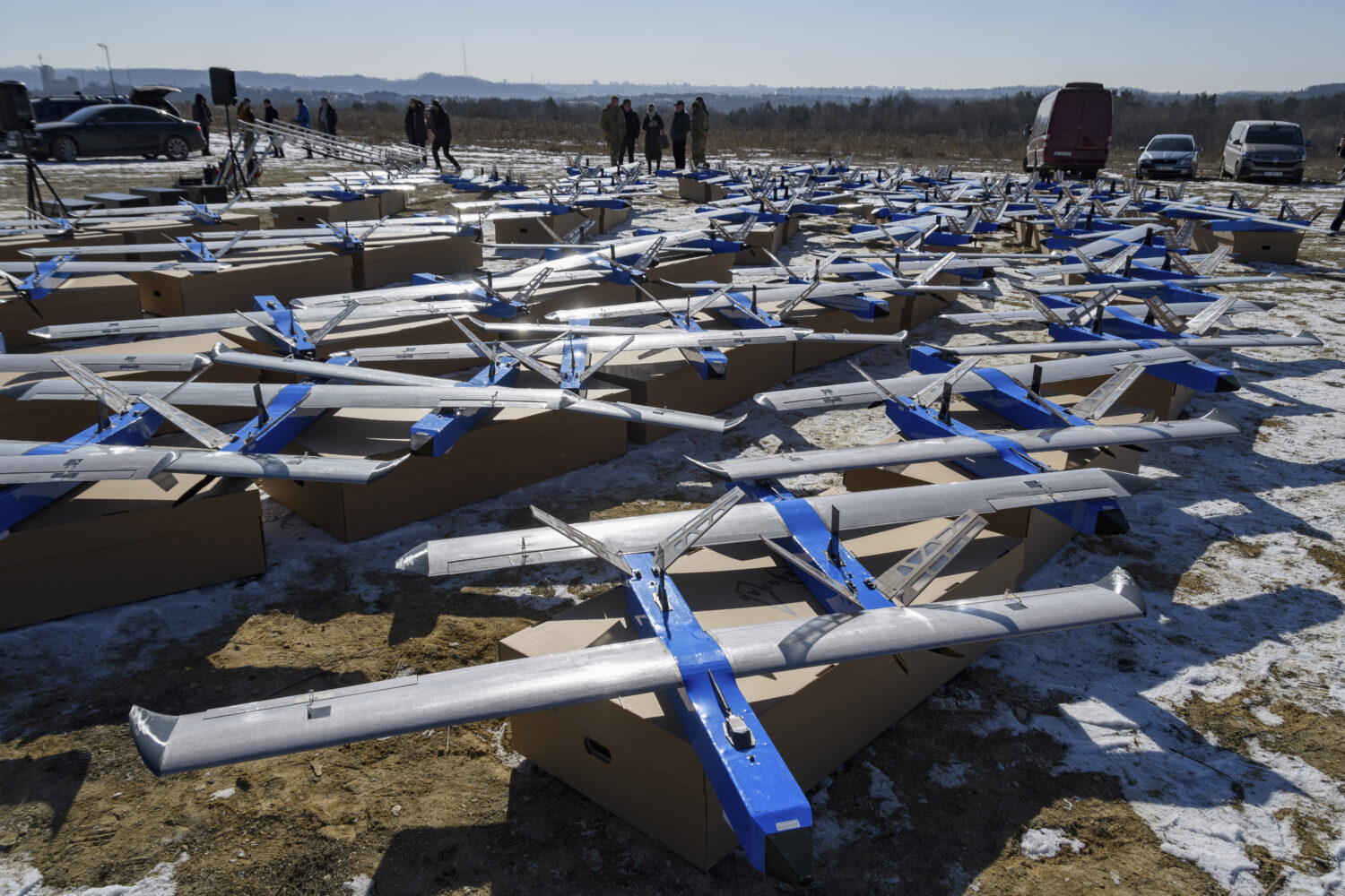 FILE - Ukrainian-made fixed-wing Besomar 3210 drone interceptors are handed over to the Armed Force...