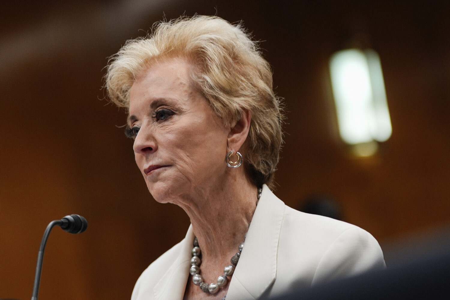 Education Secretary Linda McMahon listens to Senators speak during a Senate Appropriations hearing,...