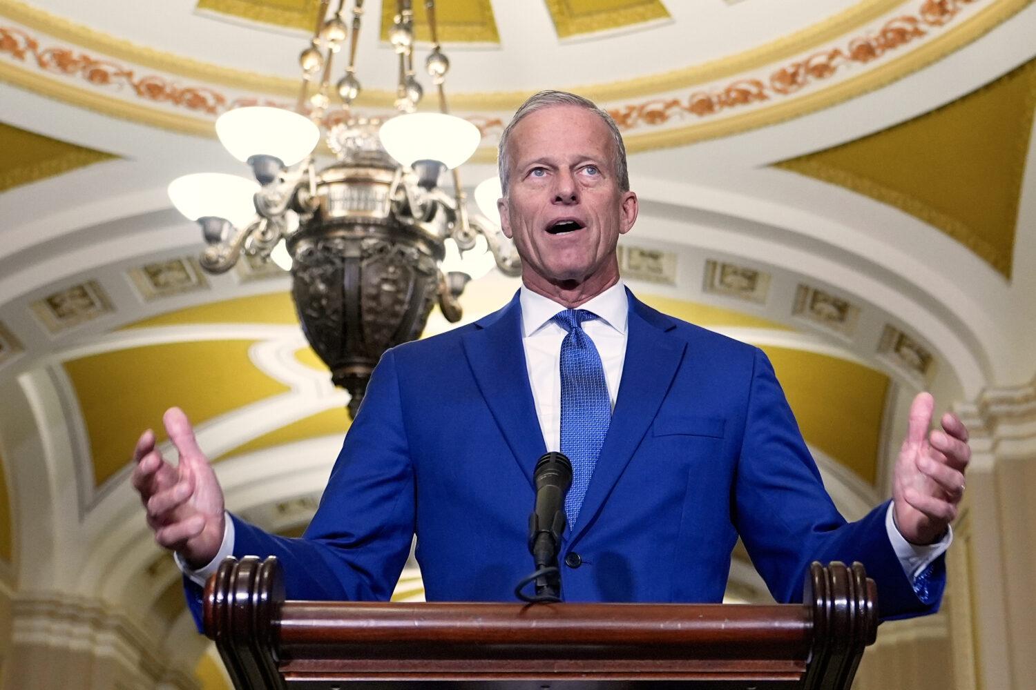 Sen. Majority Leader John Thune, R-S.D., talks after a policy luncheon on Wednesday, July 9, 2025, ...