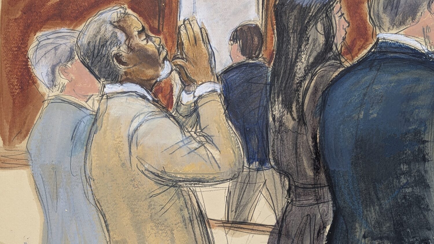 In this courtroom sketch, Sean "Diddy" Combs reacts after he was convicted of prostitution-related ...