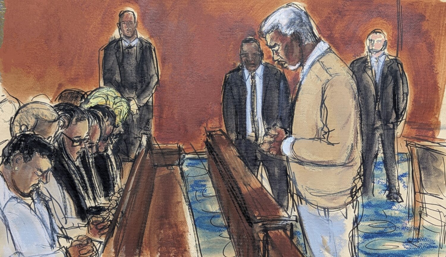 In this courtroom sketch, Sean "Diddy" Combs, rights, leads his family in a prayer before the verdi...