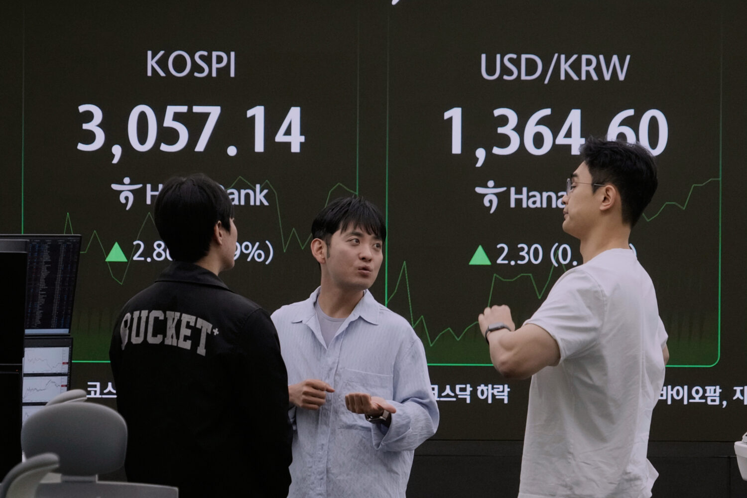 Currency traders work near a screen showing the Korea Composite Stock Price Index (KOSPI), top left...