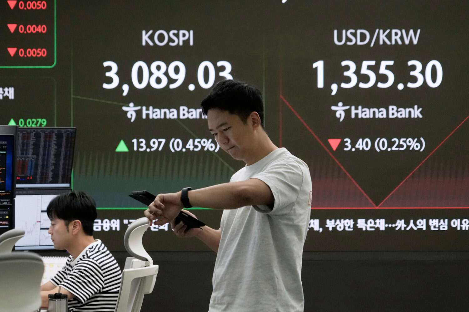 A currency trader works near a screen showing the Korea Composite Stock Price Index (KOSPI) and the...