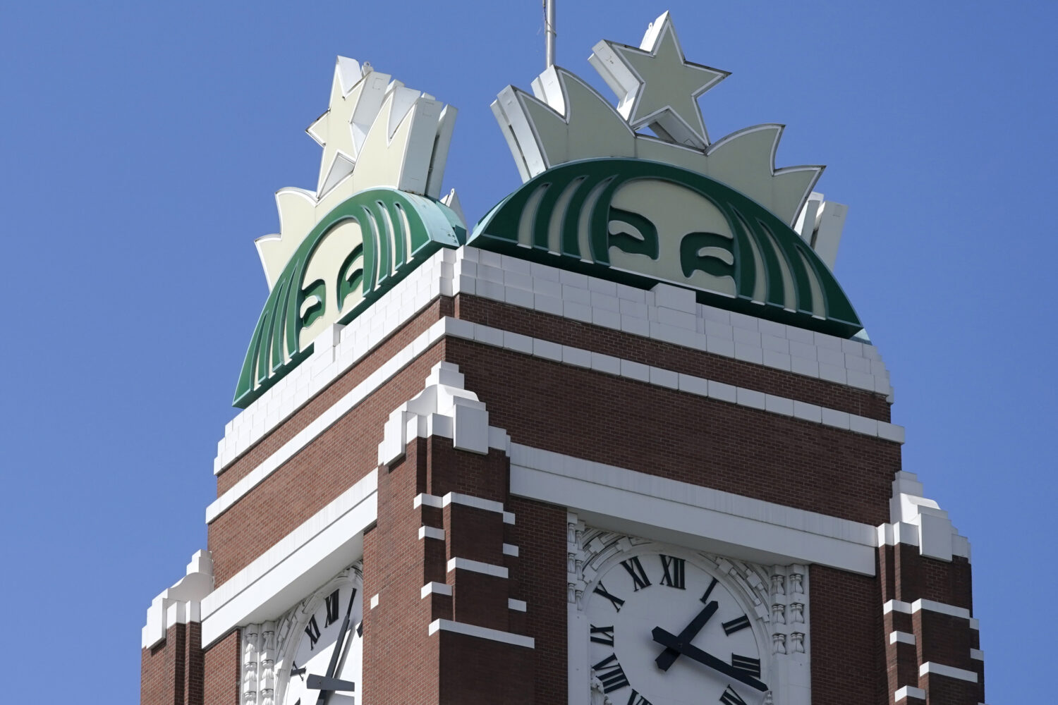 FILE - The Starbucks mermaid logo is displayed at the company's corporate headquarters in Seattle o...