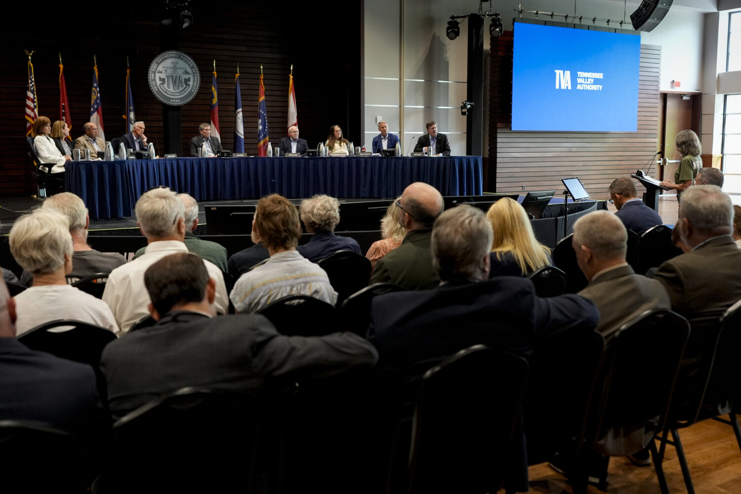 FILE - Members of the Tennessee Valley Authority Board of Directors listen to members of the public...