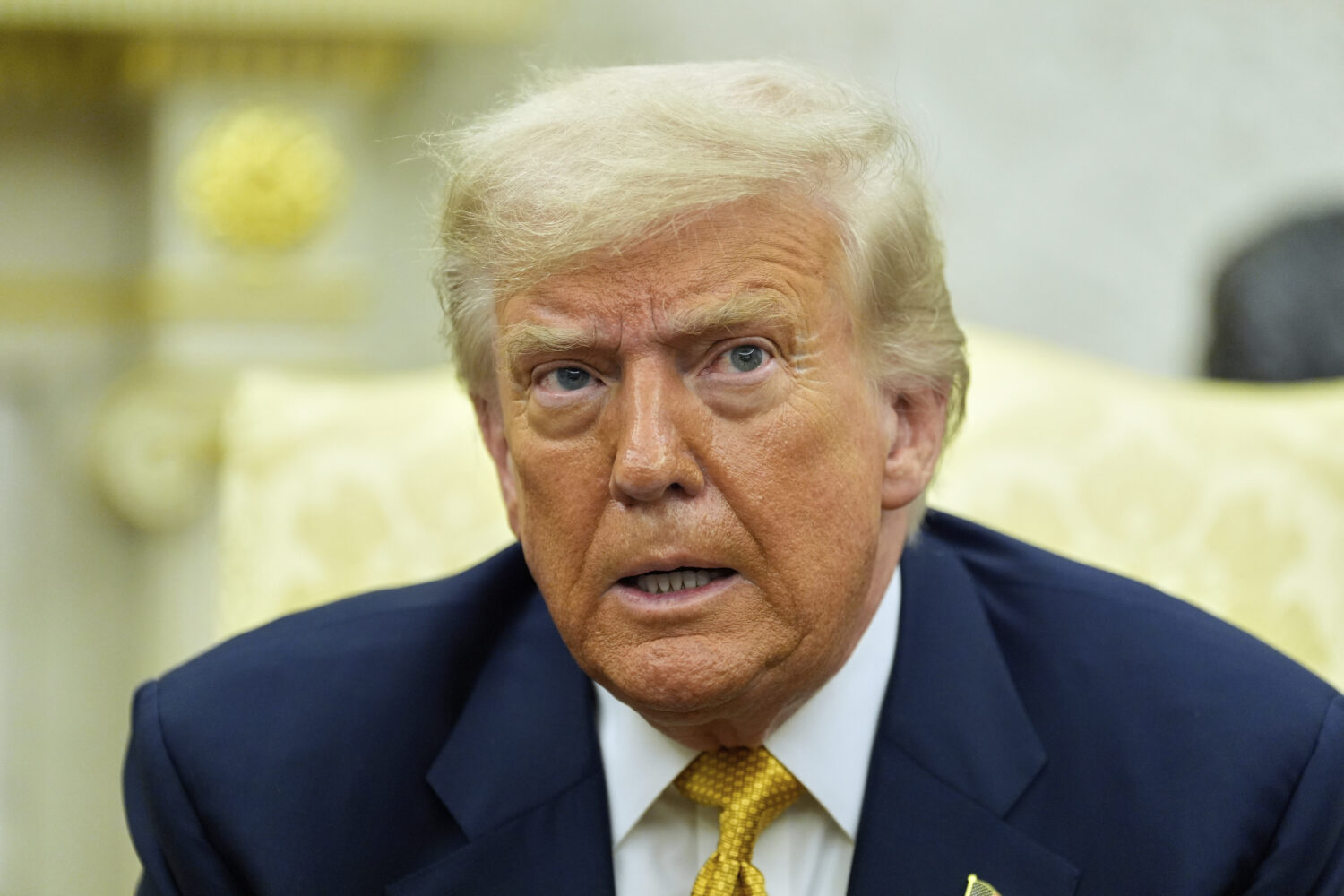 President Donald Trump speaks during a meeting with Bahrain's Crown Prince Salman bin Hamad Al Khal...