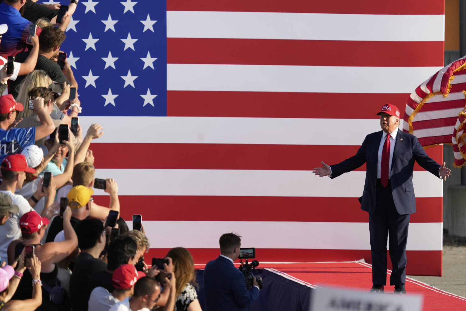 President Donald Trump arrives to speak at a rally at the Iowa State Fairgrounds, Thursday, July 3,...