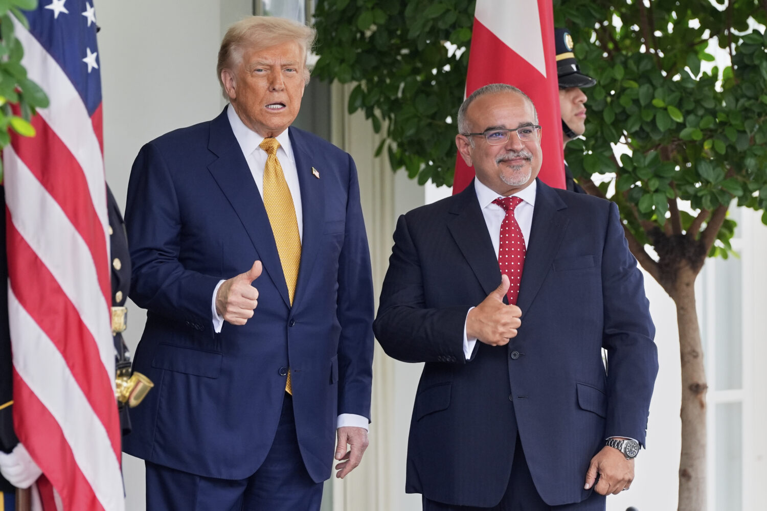 President Donald Trump greets Bahrain's Crown Prince Salman bin Hamad Al Khalifa at the White House...