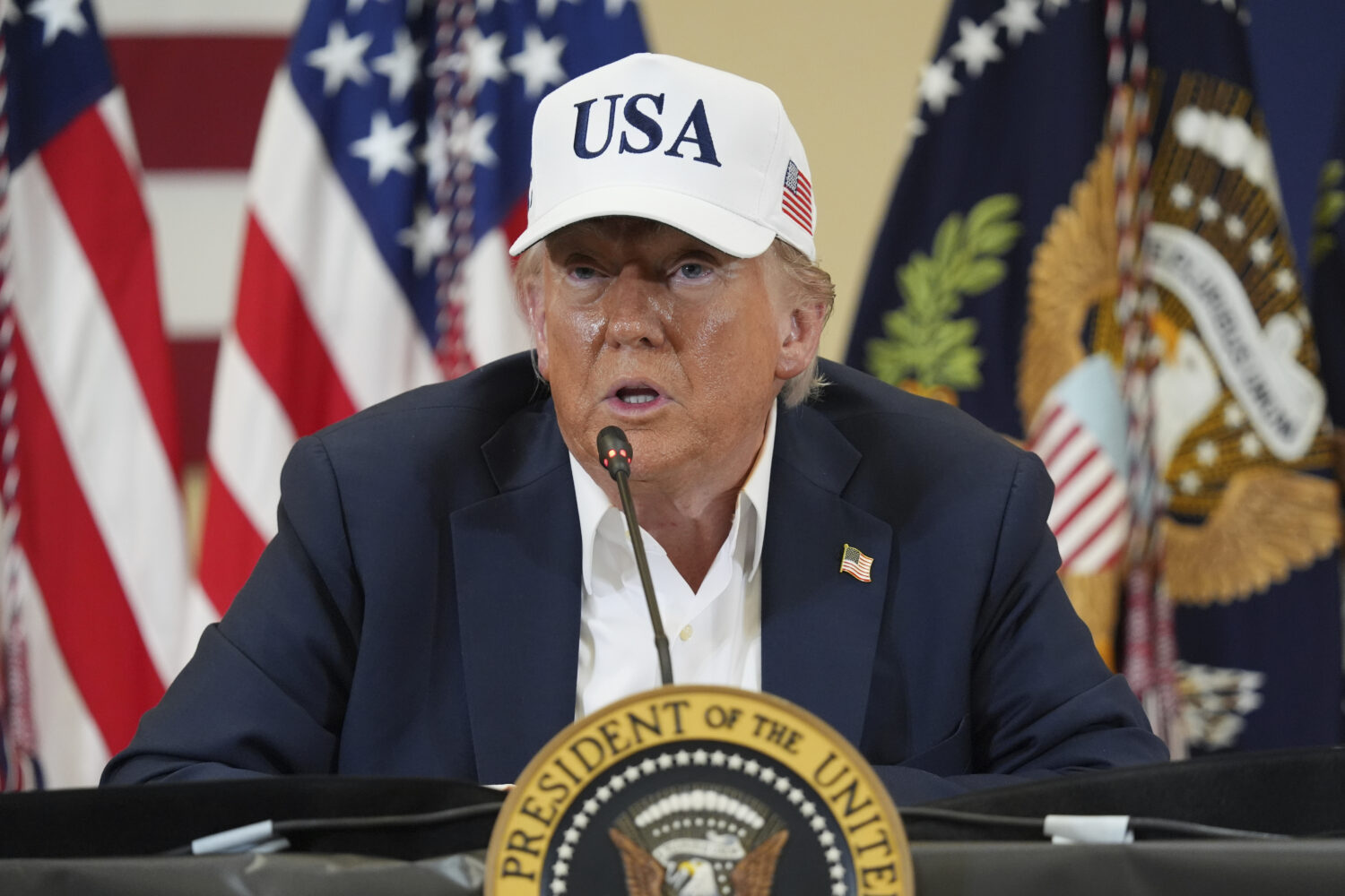 President Donald Trump speaks during a roundtable discussion with first responders and local offici...