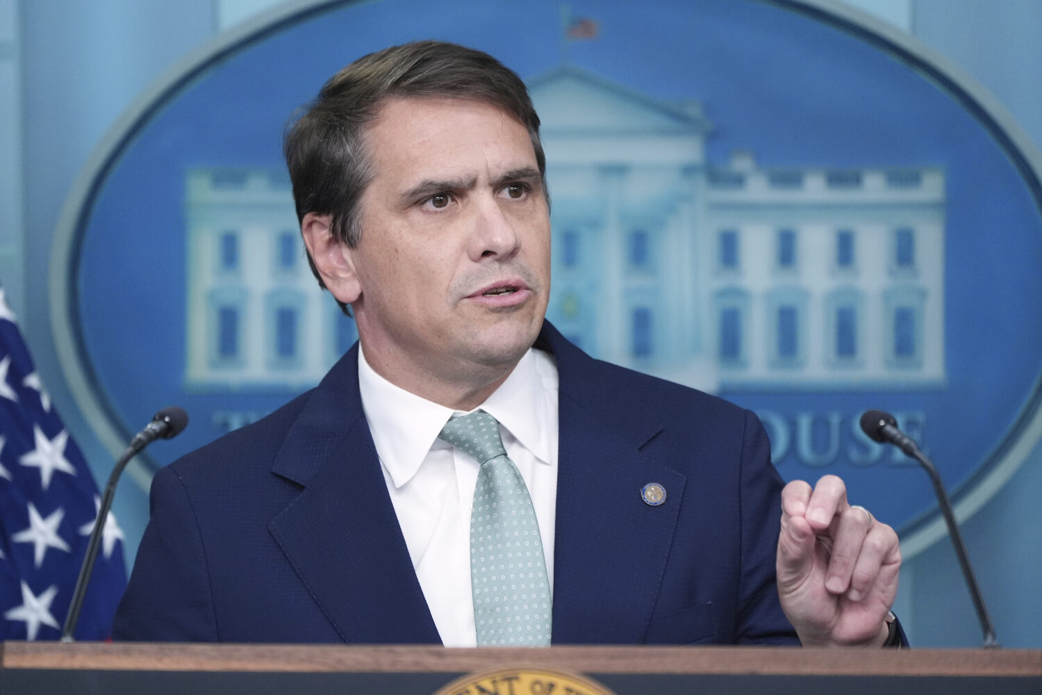 Deputy Attorney General Todd Blanche speaks to the media, Friday, June 27, 2025, in the briefing ro...