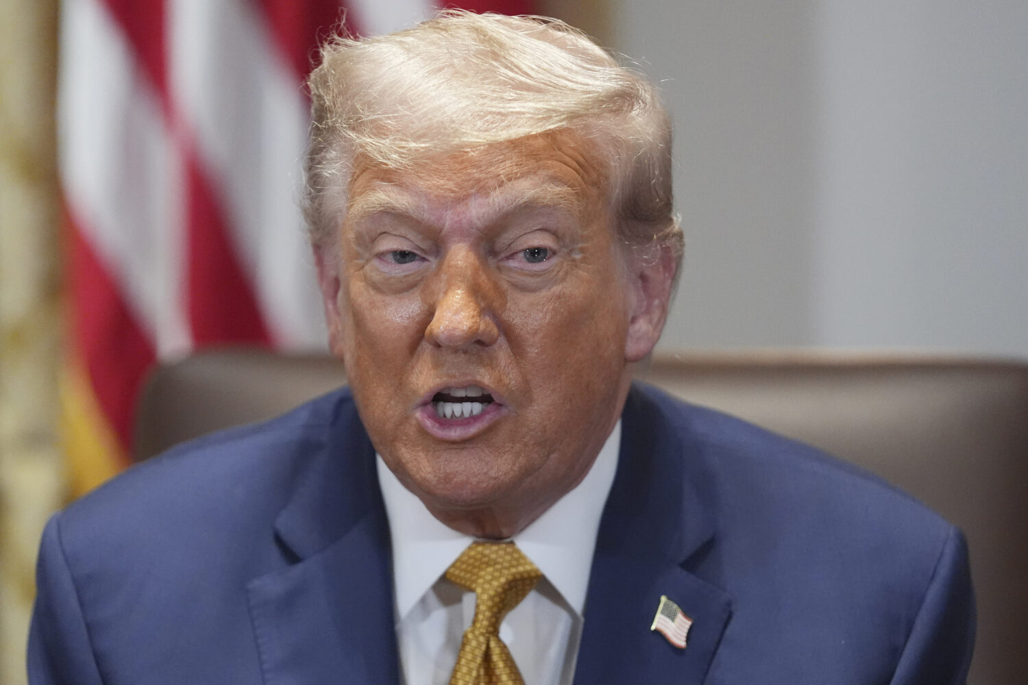 President Donald Trump speaks during a cabinet meeting at the White House, Tuesday, July 8, 2025, i...