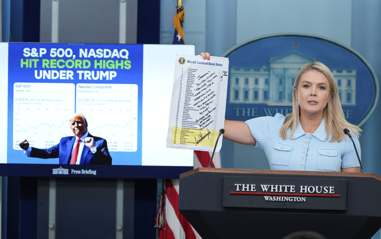 White House press secretary Karoline Leavitt holds up a note from President Donald Trump to Federal...