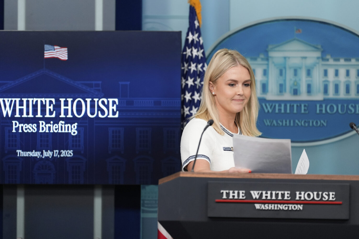 White House press secretary Karoline Leavitt arrives to speak with reporters in the James Brady Pre...