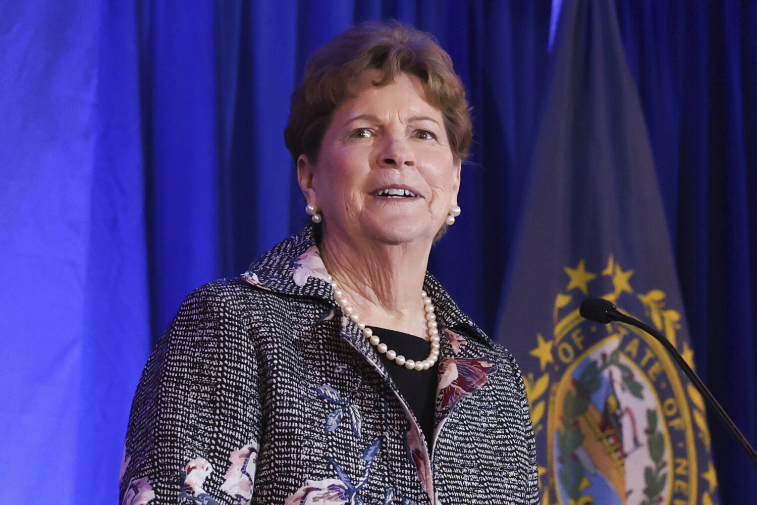 FILE - Sen. Jeanne Shaheen, D-N.H., speaks during the McIntyre-Shaheen 100 Club Dinner, April 27, 2...