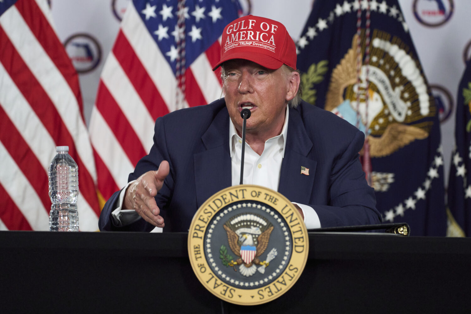 President Donald Trump speaks during a roundtable at "Alligator Alcatraz," a new migrant detention ...