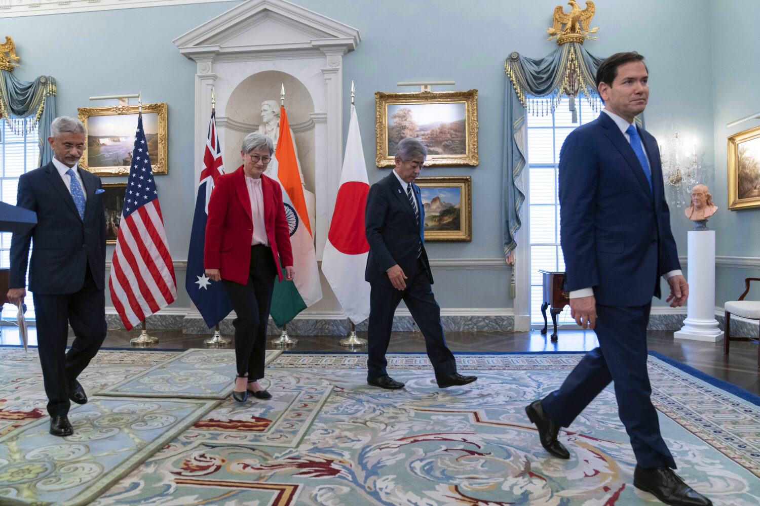 Secretary of State Marco Rubio, right, accompanied from left Indian External Affairs Minister Subra...