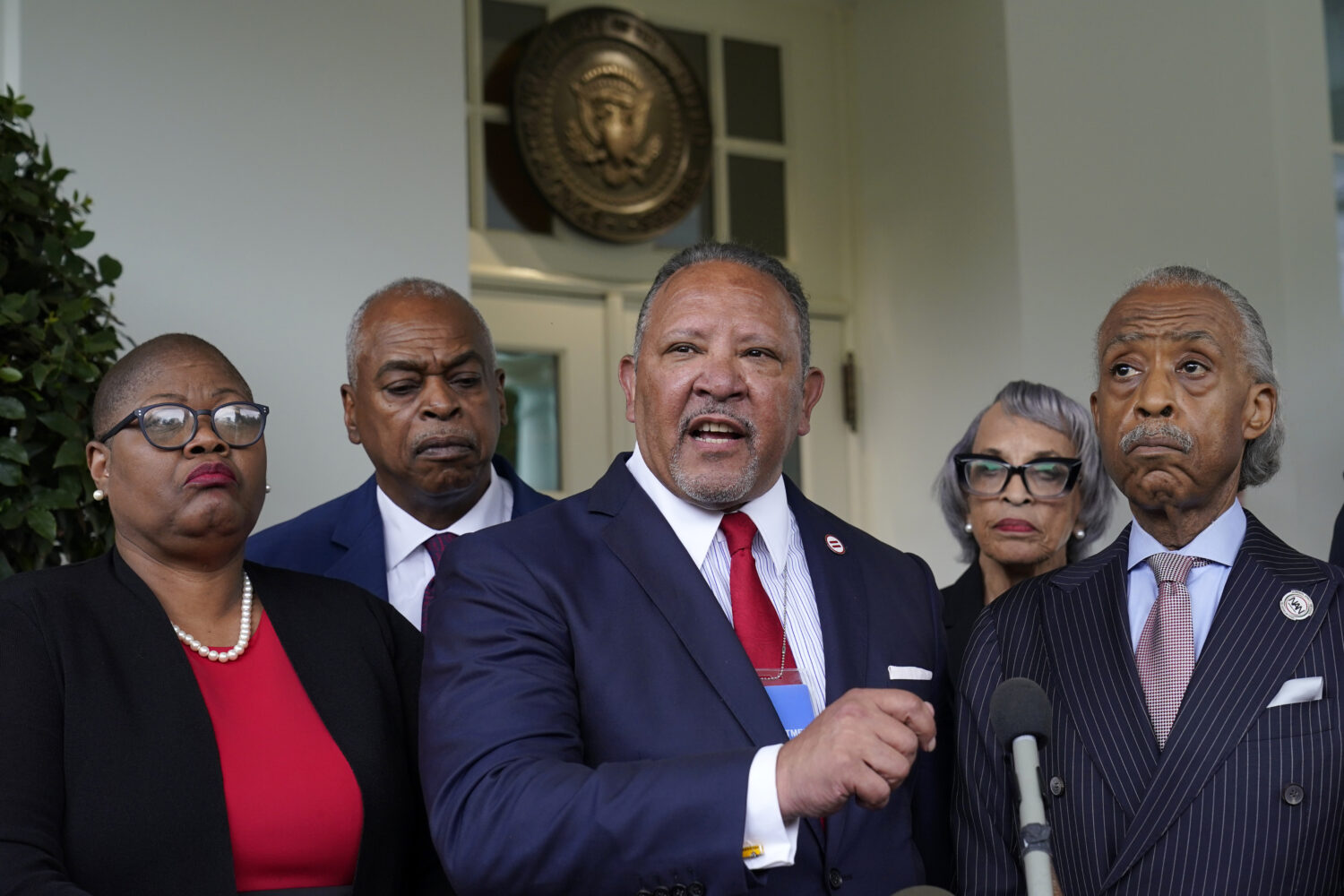 FILE - Marc Morial, center, President and Chief Executive Officer of the National Urban League, tal...