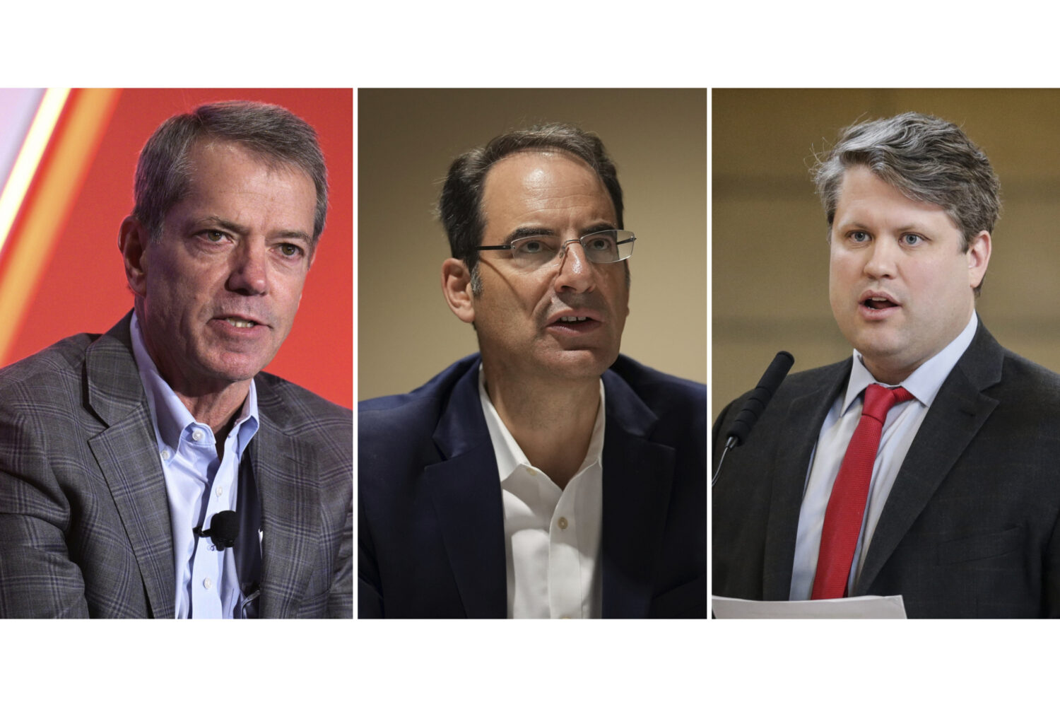 This photo combination shows, from left, Nebraska Gov. Jim Pillen taking part in a panel discussion...