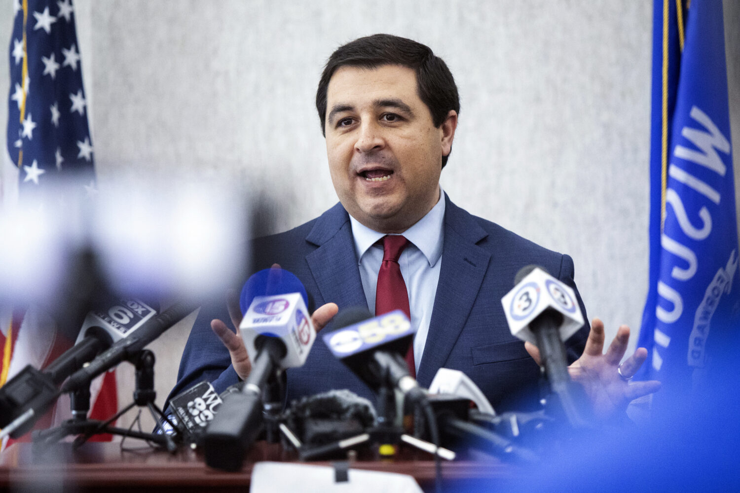 FILE - Wisconsin Attorney General Josh Kaul delivers remarks following hearing before Dane County W...