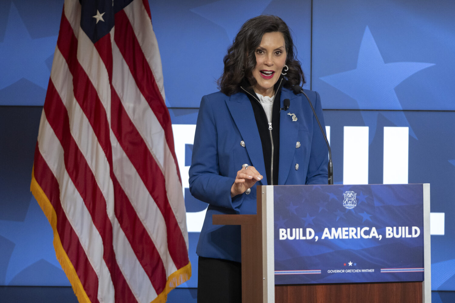 FILE - Michigan Gov. Gretchen Whitmer gives a policy speech at an event, April 9, 2025, in Washingt...