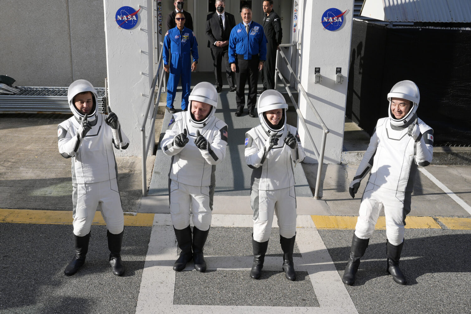 Astronauts, from left, Oleg Platonov, of Russia, Mike Fincke, Zena Cardman, and Kimiya Yui, of Japa...