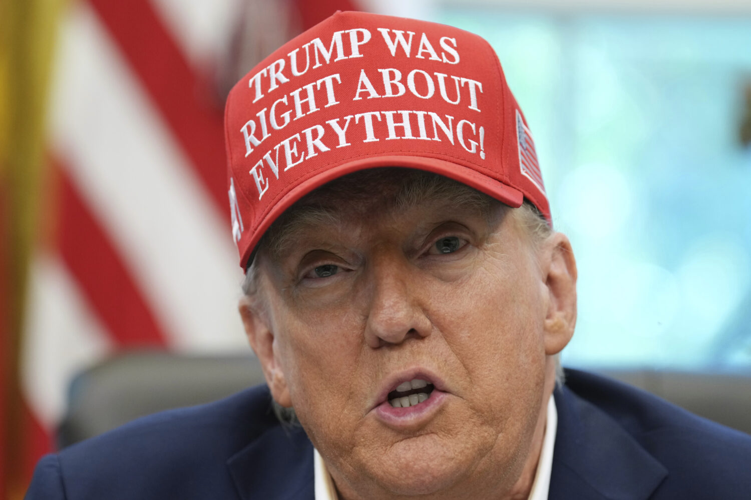 President Donald Trump speaks in the Oval Office of the White House, Friday, Aug. 22, 2025, in Wash...