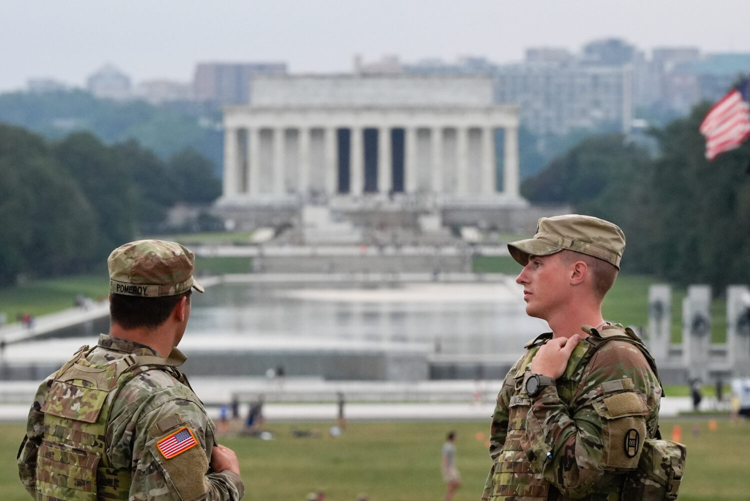 South Carolina National Guardsmen patrol at the base of the Washington Monument, Wednesday, Aug. 20...