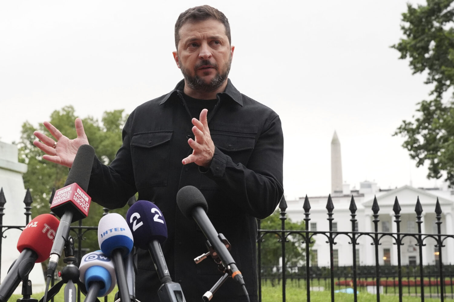 Ukraine's President Volodymyr Zelenskyy speaks in Lafayette Park, across from the White House, afte...