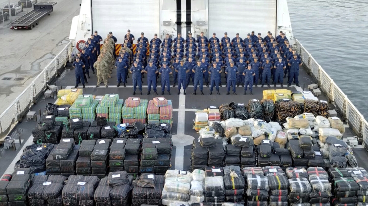 This still image from video and provided by the U.S. Coast Guard show crew members aboard the. US C...