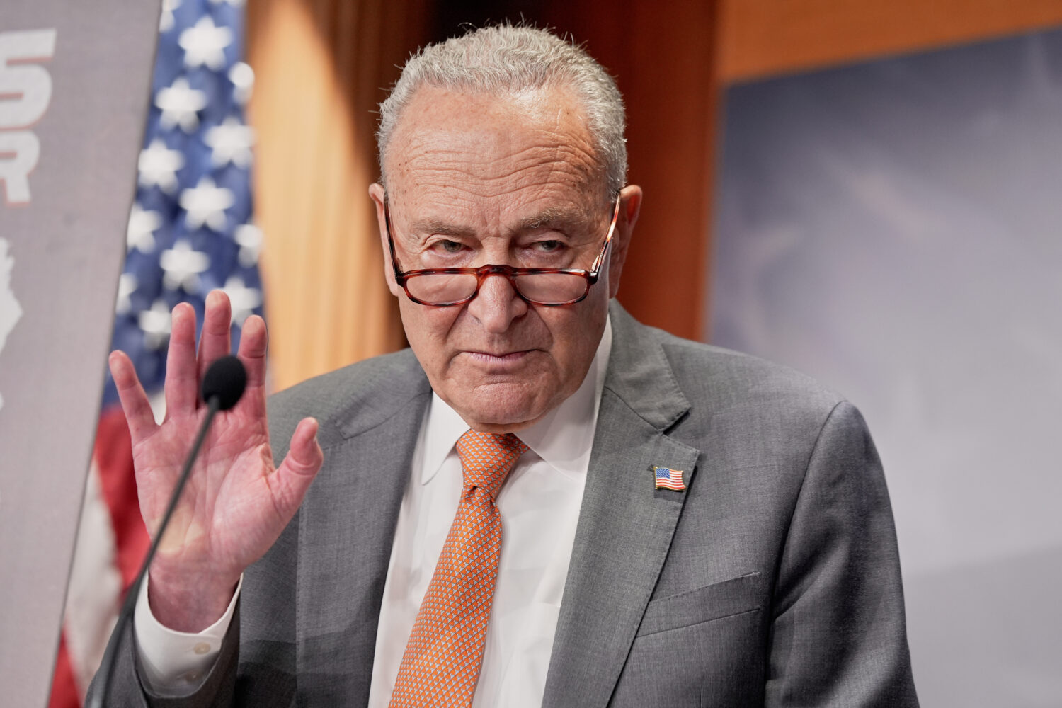 Sen. Minority Leader Chuck Schumer of N.Y., speaks during a news conference on tariffs, Thursday, J...